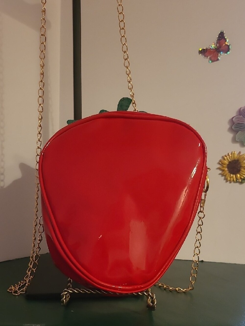Strawberry Shaped Crossbody Bag - Red & Green 21.25 Inch Long Strap - Picture 2 of 6